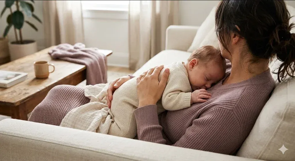 A parent on a couch, infant nestled on their chest, both still and quiet, representing the themes of "Postpartum Sex and Intimacy: Why It Changes and How to Navigate It".