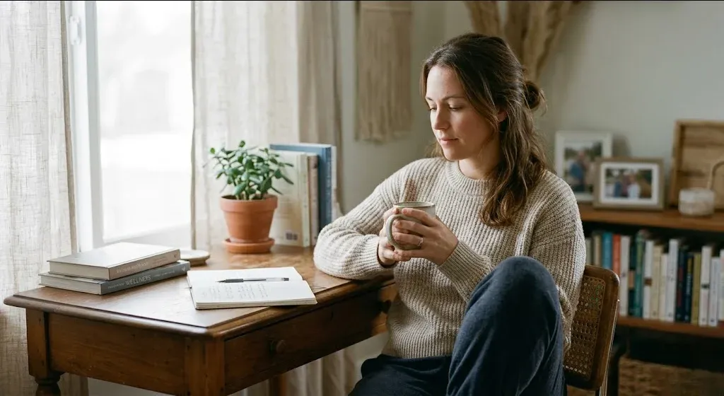 A new mother in a rocking chair in a softly lit nursery, cradling her infant, representing the themes of "Postpartum Sexual Health and Intimacy: What Is Normal and What Helps".