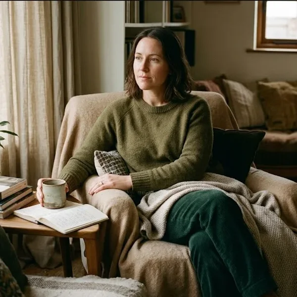 A woman at a kitchen table, baby carrier on the chair beside her, warm cup in hand, representing the themes of "Building Your Care Team After Postpartum Psychosis".
