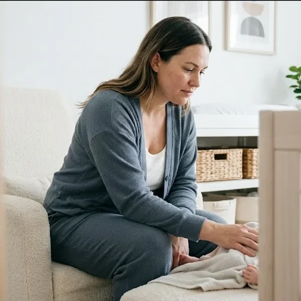 A mother sitting on the edge of a bed in morning light, infant asleep nearby in a bassinet, representing the themes of "Does Therapy Help With Postpartum Psychosis Recovery?".