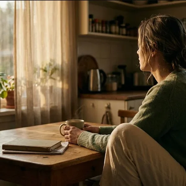 A woman at a kitchen table, baby carrier on the chair beside her, warm cup in hand, representing the themes of "Grief, Identity, and Life After Postpartum Psychosis".
