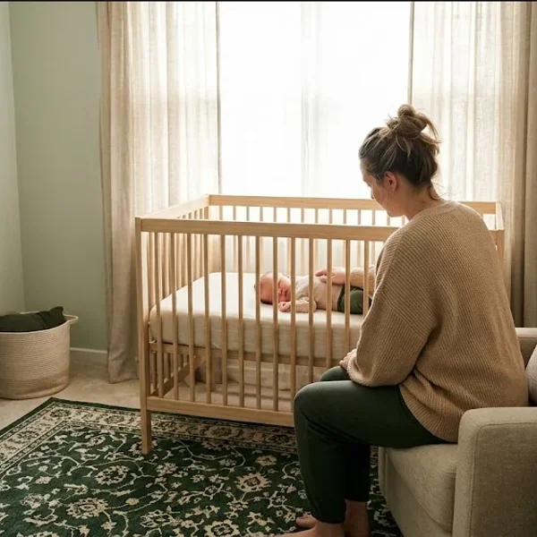 A woman at a kitchen table, baby carrier on the chair beside her, warm cup in hand, representing the themes of "Finding Outpatient Care After a Postpartum Psychosis Hospitalization".