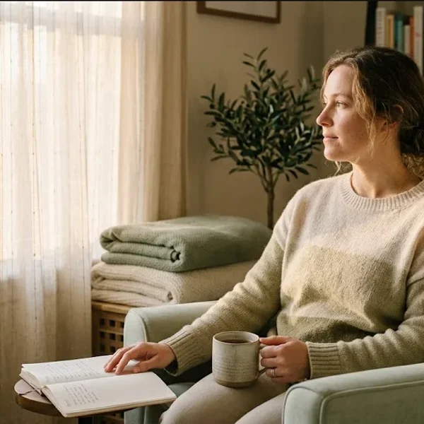 A woman at a kitchen table, baby carrier on the chair beside her, warm cup in hand, representing the themes of "Planning Another Pregnancy After Postpartum Psychosis".