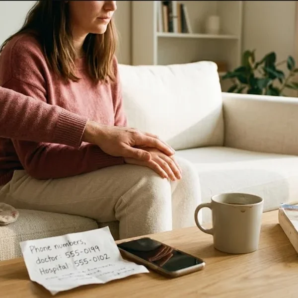 A parent on a couch, infant nestled on their chest, both still and quiet, representing the themes of "Postpartum Psychosis: What Families Need to Do Right Now".