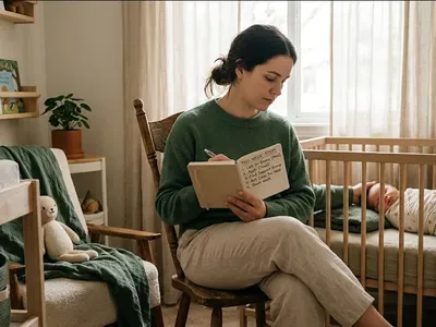 A woman at a kitchen table, baby carrier on the chair beside her, warm cup in hand, representing the themes of "Postpartum Depression: What to Do This Week".