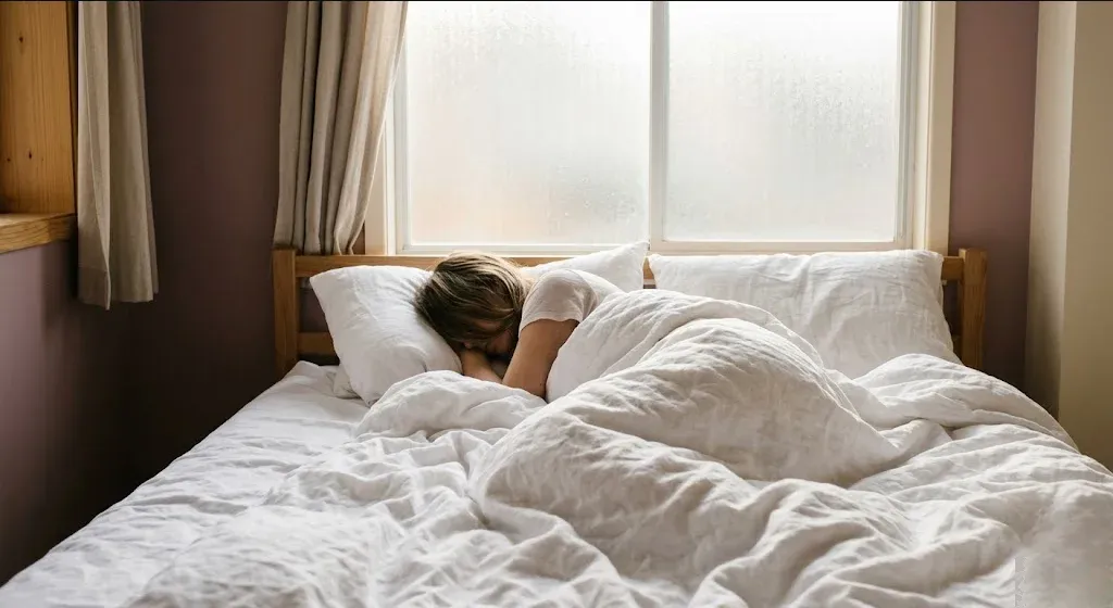 A woman resting in a bed with white linens, soft morning light through a window, expression peaceful, representing the themes of "Preeclampsia and Mental Health: The Emotional Aftermath".