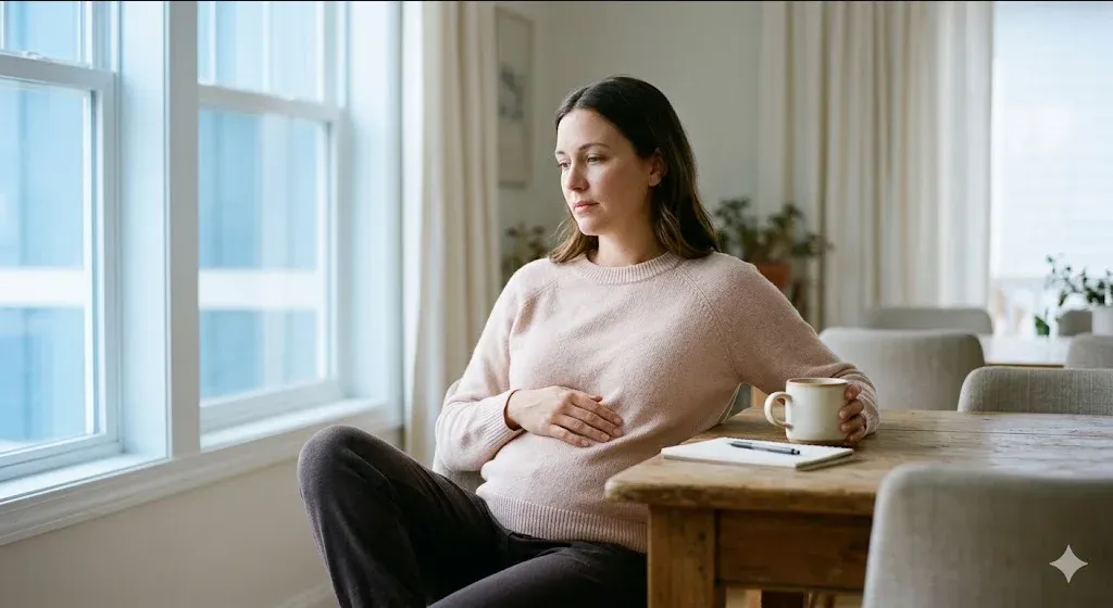 A woman standing near a window, one hand on her belly, soft backlight, representing the themes of "Pregnancy After Loss: A Complete Guide to Anxiety and Fear".