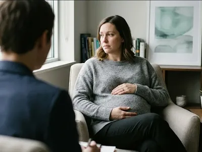 A pregnant person on a garden bench, gentle morning light, looking forward, representing the themes of "Pregnancy After Loss: What to Expect Emotionally".