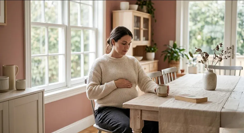 A woman standing near a window, one hand on her belly, soft backlight, representing the themes of "Pregnancy Anxiety: What's Normal, What's Not, and What Actually Helps".