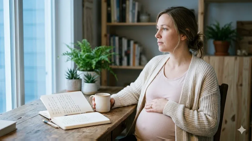 A woman standing near a window, one hand on her belly, soft backlight, representing the themes of "Pregnancy Anxiety Quotes: 35 for the Fear You Can't Reason Away".