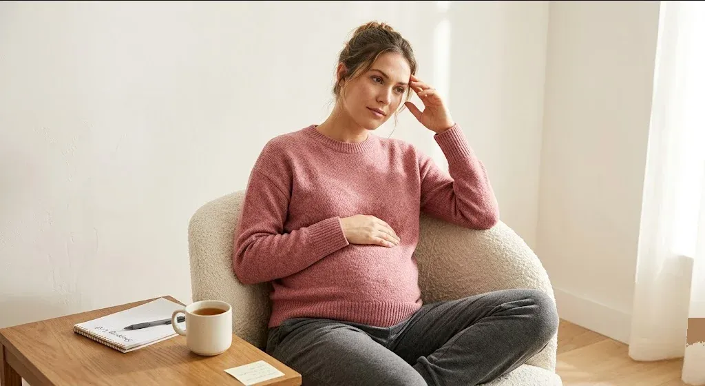 A woman standing near a window, one hand on her belly, soft backlight, representing the themes of "Pregnancy Brain Fog: What's Actually Happening (and What Helps)".