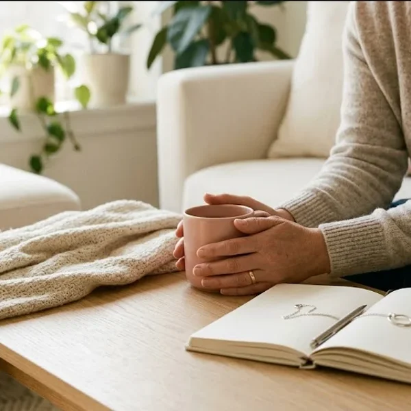 A figure seated on a window seat, looking out at a grey sky, a soft blanket nearby, representing the themes of "Pregnancy and Infant Loss: Community Support and Referral Resources".
