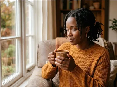 A Black woman sitting by a window holding a mug in both hands, her gaze downward in quiet contemplation, conveying dignity and the personal weight of grief.