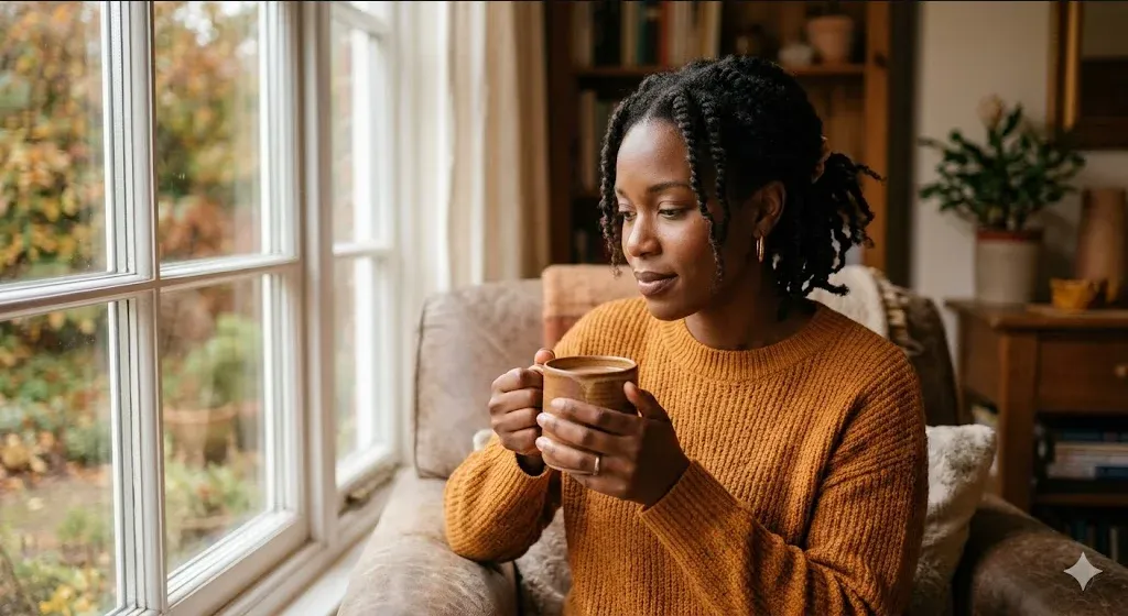 A Black woman sitting by a window holding a mug in both hands, her gaze downward in quiet contemplation, conveying dignity and the personal weight of grief.