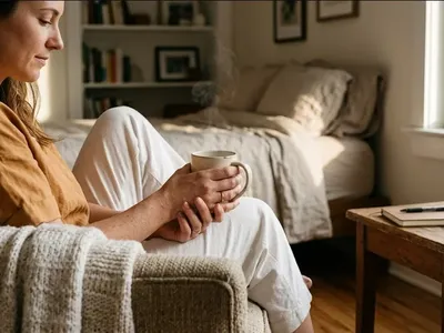 A woman at a table with a single flower in a small vase, quiet and still, representing the themes of "Miscarriage and Pregnancy Loss Statistics: Prevalence and Key Facts (2026)".