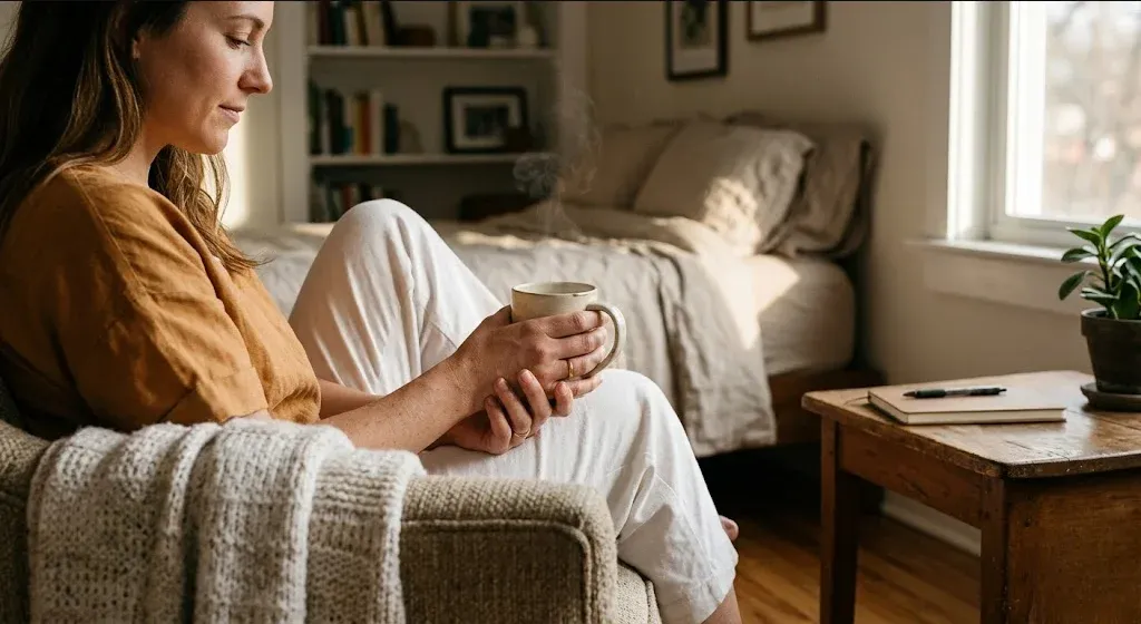 A woman at a table with a single flower in a small vase, quiet and still, representing the themes of "Miscarriage and Pregnancy Loss Statistics: Prevalence and Key Facts (2026)".