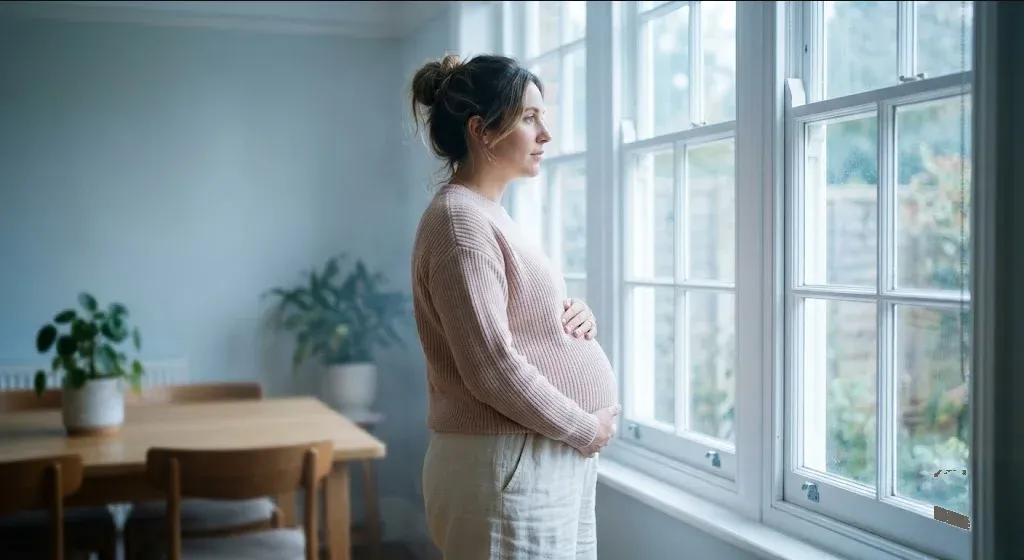 A woman standing near a window, one hand on her belly, soft backlight, representing the themes of "A Guide to Protecting Your Mental Health During Pregnancy".