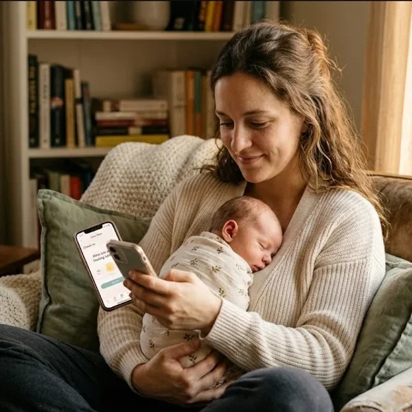 A pregnant woman lying on her side on a bed, light from a window, expression peaceful, representing the themes of "How Pregnancy and Parenting Apps Can Support Mental Health".