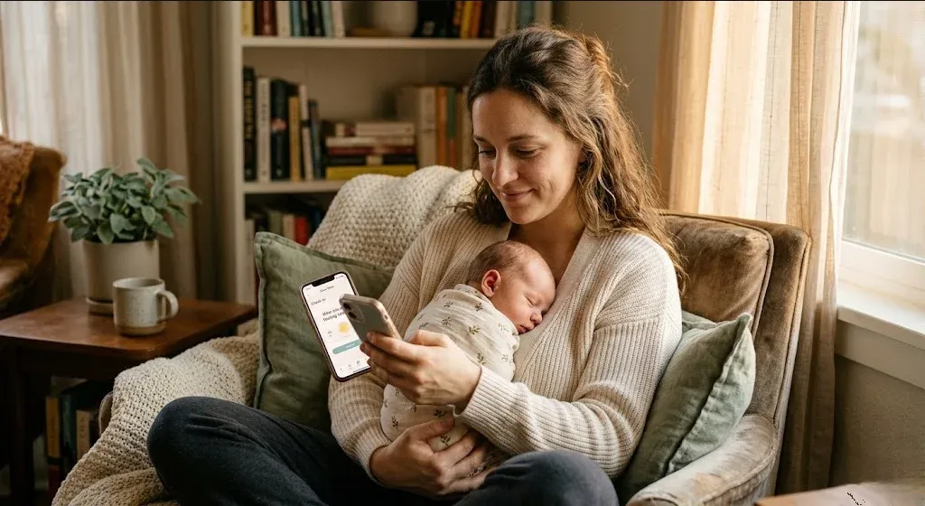 A pregnant woman lying on her side on a bed, light from a window, expression peaceful, representing the themes of "How Pregnancy and Parenting Apps Can Support Mental Health".