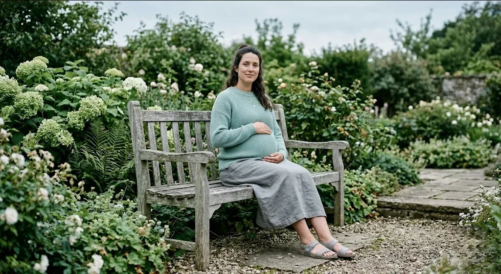 A pregnant person on a garden bench, gentle morning light, looking forward, representing the themes of "Pregnant Again After PPD: A Proactive Plan to Protect Your Mental Health".