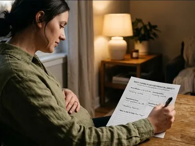 A pregnant woman sitting in a sunlit room, hands resting gently on her belly, expression calm, representing the themes of "Prenatal Anxiety Daily Coping Plan: A Practical Template for Managing Worry During Pregnancy".
