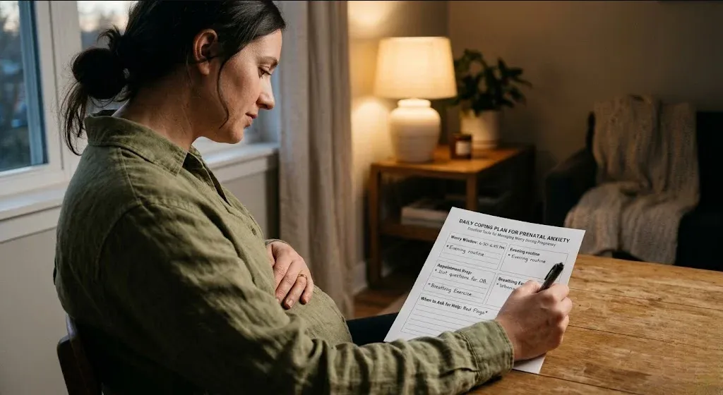 A pregnant woman sitting in a sunlit room, hands resting gently on her belly, expression calm, representing the themes of "Prenatal Anxiety Daily Coping Plan: A Practical Template for Managing Worry During Pregnancy".