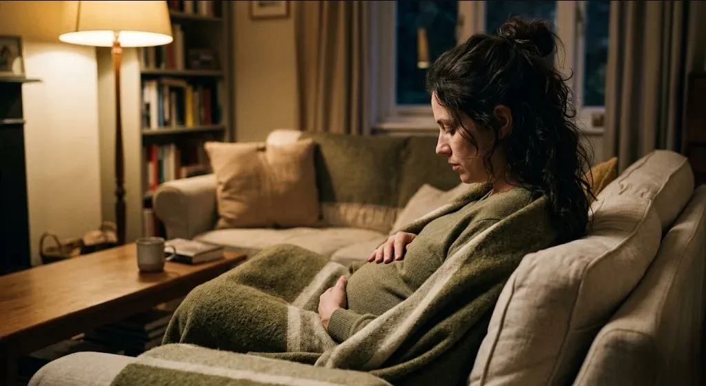 A pregnant woman sitting on a couch wrapped in a blanket, looking downward with a quiet, contemplative expression.
