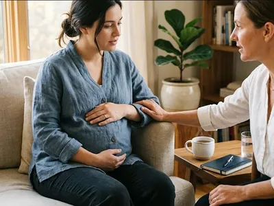 A pregnant person on a garden bench, gentle morning light, looking forward, representing the themes of "Prenatal Depression Treatment Options: What Works During Pregnancy".