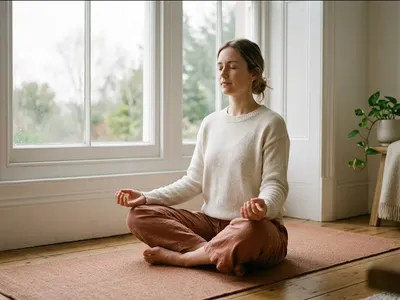 A person sitting cross-legged on a yoga mat near a window, hands resting on knees, eyes gently closed, representing the themes of "Your Proactive Guide to Perinatal Mental Wellness: Tips for Expectant Moms".
