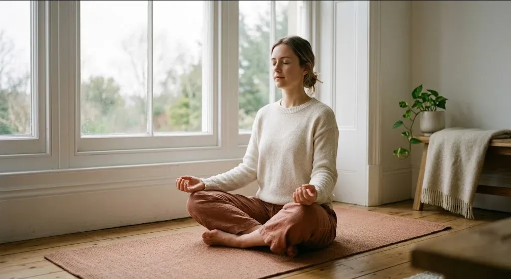 A person sitting cross-legged on a yoga mat near a window, hands resting on knees, eyes gently closed, representing the themes of "Your Proactive Guide to Perinatal Mental Wellness: Tips for Expectant Moms".