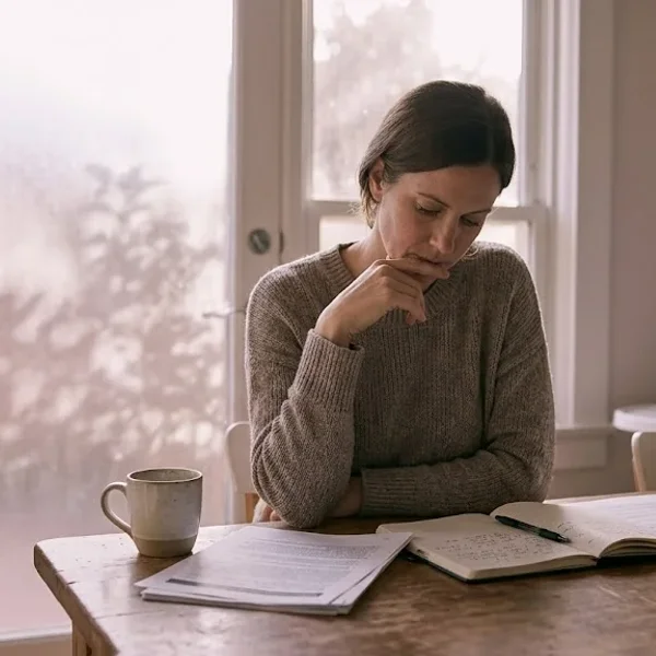 A person at a table with a warm drink, looking forward with a calm, open expression, representing the themes of "The Psychiatric Care Gap in Perinatal Mental Health".