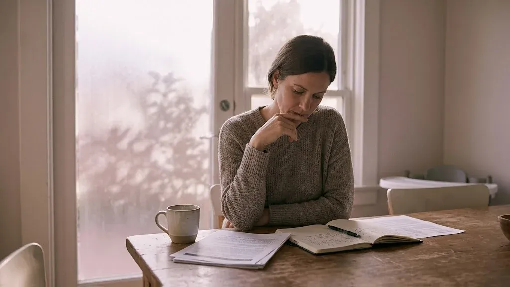 A person at a table with a warm drink, looking forward with a calm, open expression, representing the themes of "The Psychiatric Care Gap in Perinatal Mental Health".