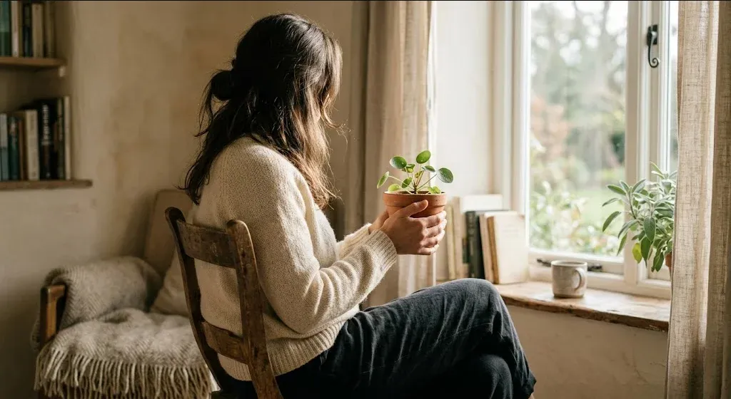 A woman sitting in a quiet room with soft window light, holding a small plant, expression hopeful and still, evoking the themes of "You Are Enough Even If IVF Is Hard: 35 Quotes for the Fertility Journey".