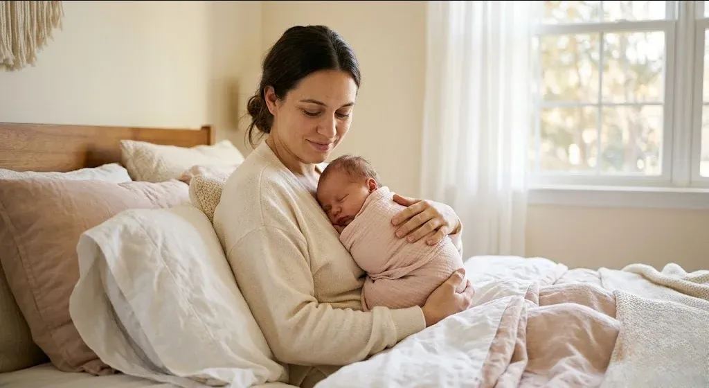 A mother sitting in bed in soft morning light with her newborn resting on her chest, her expression tender and quietly resilient, evoking healing after birth trauma.