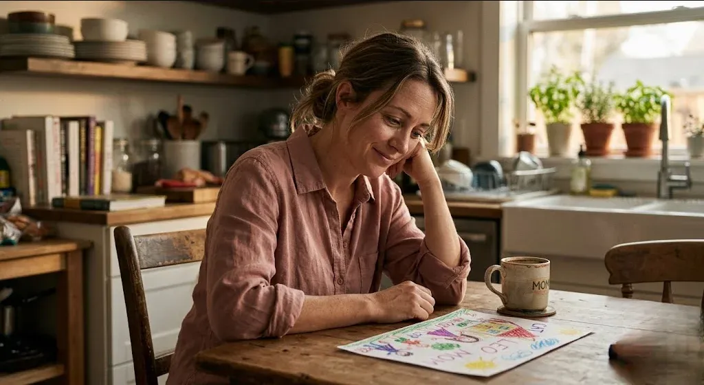 A tired parent resting their head in one hand at a kitchen table beside a cold mug of coffee and a child's drawing, conveying exhaustion and quiet love.