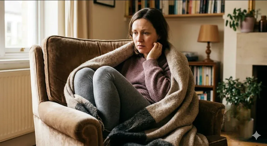 A pregnant woman sitting curled in an armchair wrapped in a blanket, her expression calm but reflective, conveying the quiet weight of perinatal anxiety.