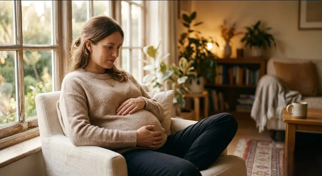 A pregnant woman sitting in soft morning light with her hands resting gently on her belly, her expression holding both hope and quiet vulnerability.