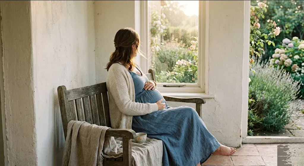 A pregnant person on a garden bench, gentle morning light, looking forward, representing the themes of "Rainbow Pregnancy Anxiety: What to Expect and How to Cope".