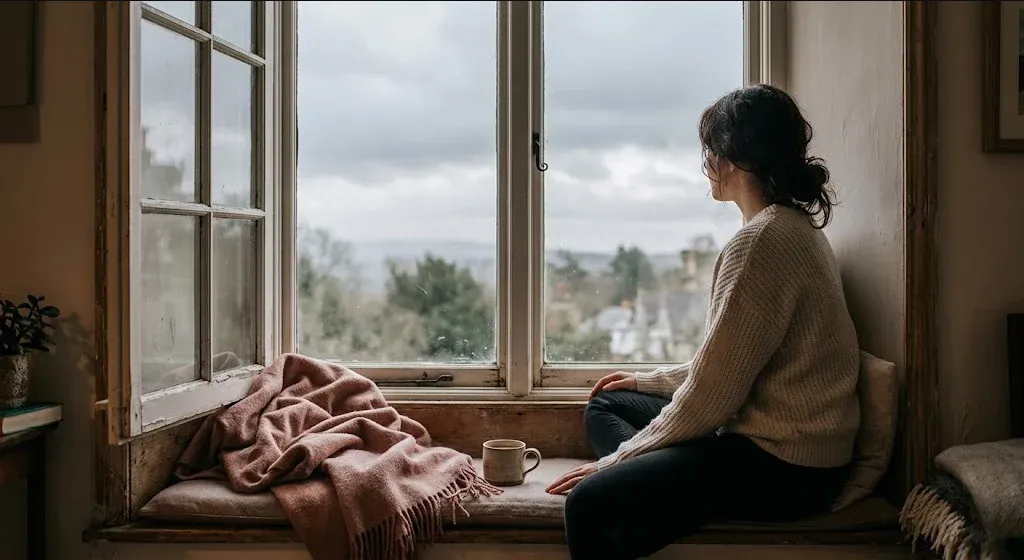 A figure seated on a window seat, looking out at a grey sky, a soft blanket nearby, representing the themes of "Recurrent Miscarriage and Mental Health: When Loss Happens Again and Again".