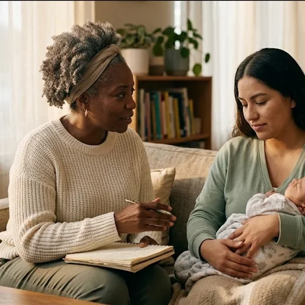 A quiet interior scene — soft light, a plant, a chair, a sense of calm presence, representing the themes of "Reducing PMAD Stigma in Underserved Communities".