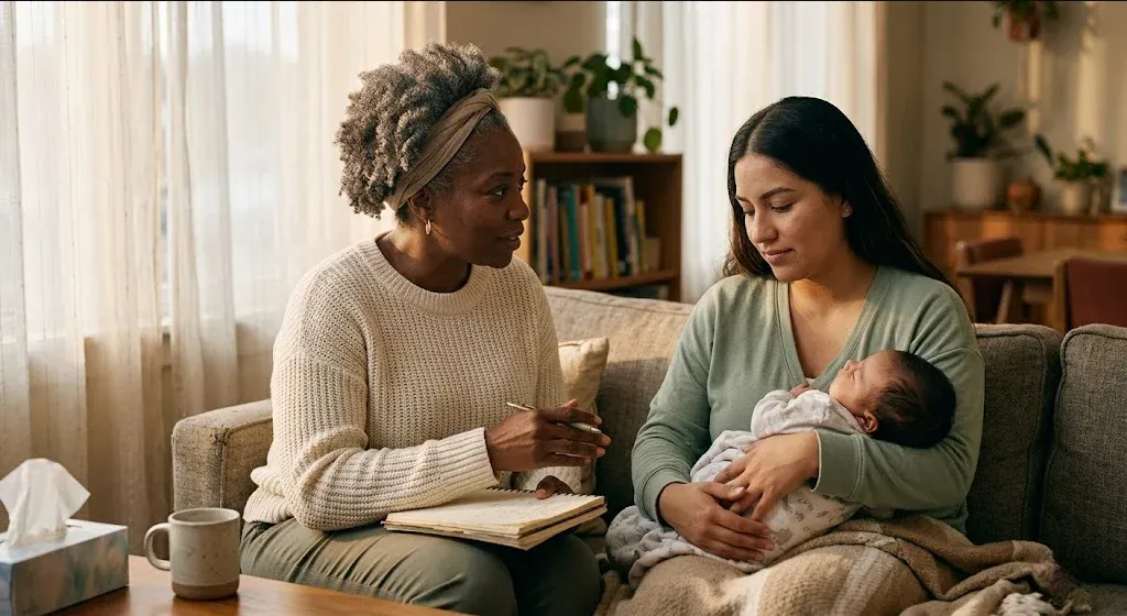 A quiet interior scene — soft light, a plant, a chair, a sense of calm presence, representing the themes of "Reducing PMAD Stigma in Underserved Communities".