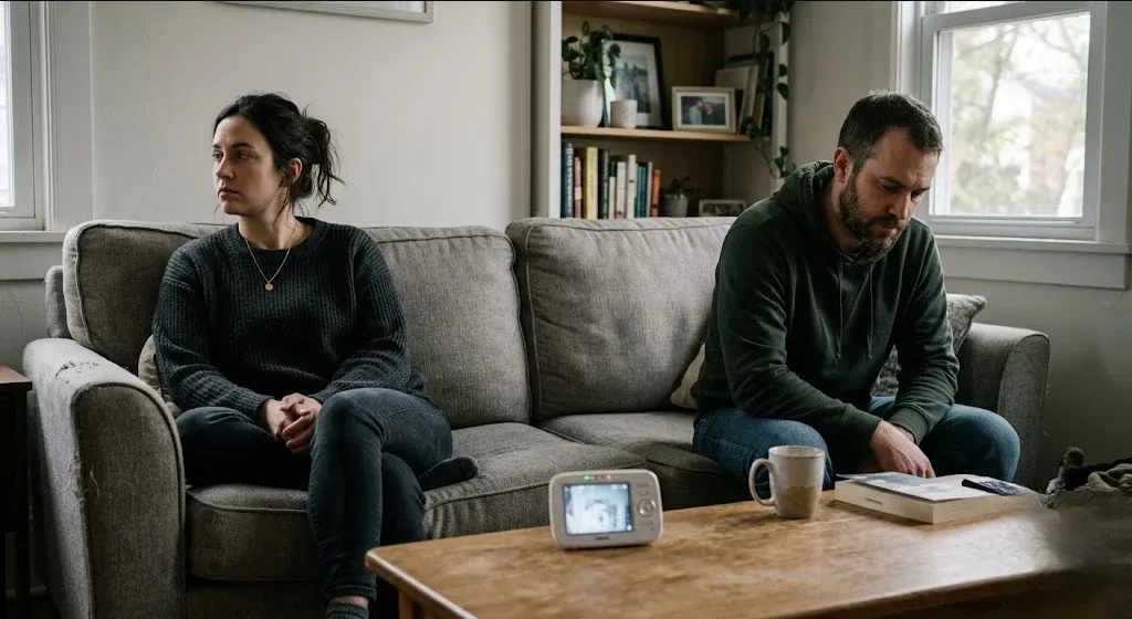 A couple sitting at opposite ends of a couch in quiet tension with a baby monitor between them, capturing the relational strain that often follows having a newborn.
