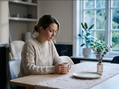 A parent on a couch, infant nestled on their chest, both still and quiet, representing the themes of "What Relationship Recovery After a Hard Postpartum Actually Looks Like".
