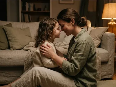 A parent and child sharing a quiet moment, forehead-to-forehead, warm light, representing the themes of "After the Storm: How to Repair, Reconnect, and Forgive Yourself After an Episode of Mom Rage".