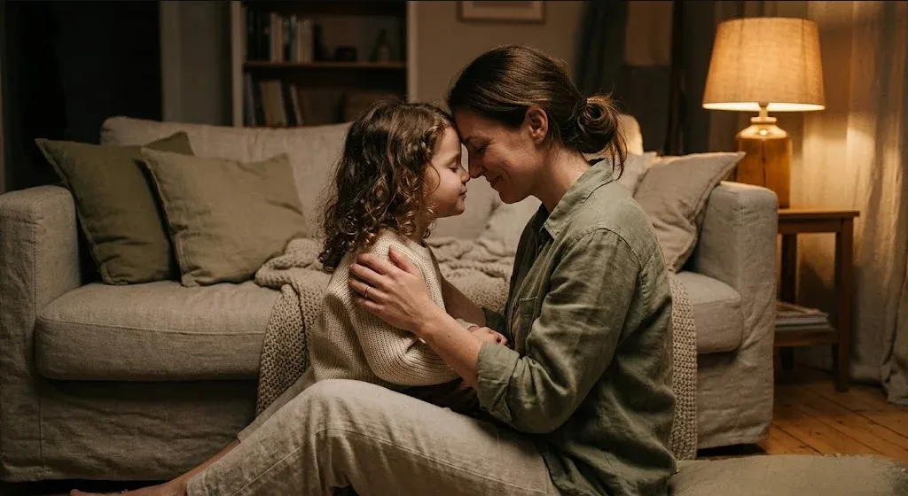 A parent and child sharing a quiet moment, forehead-to-forehead, warm light, representing the themes of "After the Storm: How to Repair, Reconnect, and Forgive Yourself After an Episode of Mom Rage".
