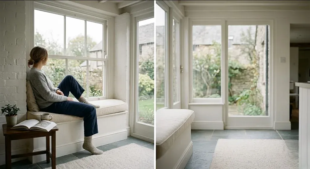 A figure near a window in a quiet domestic interior, unhurried and still, representing the themes of "Reparenting Yourself While Parenting Your Child".