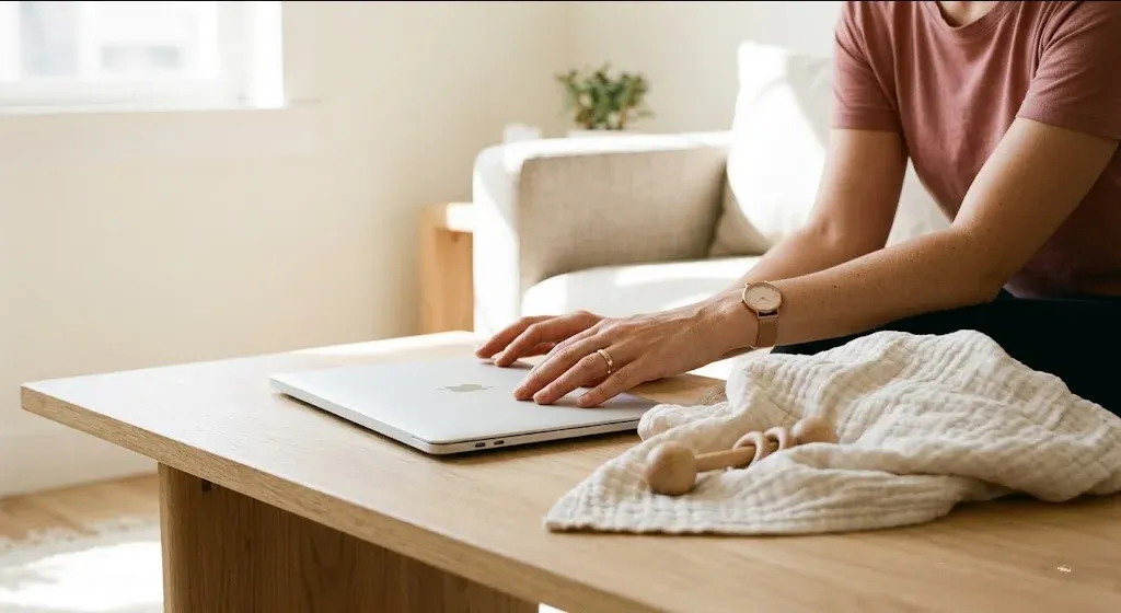 A parent on a couch, infant nestled on their chest, both still and quiet, representing the themes of "Going Back to Work After Baby: What Is Actually Happening and What Helps".