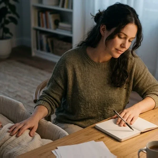 A person sitting in a warm, peaceful room with soft natural light, a sense of calm reflection, representing the themes of "The ROI of Perinatal Mental Health Support: A Framework for Benefits Teams".