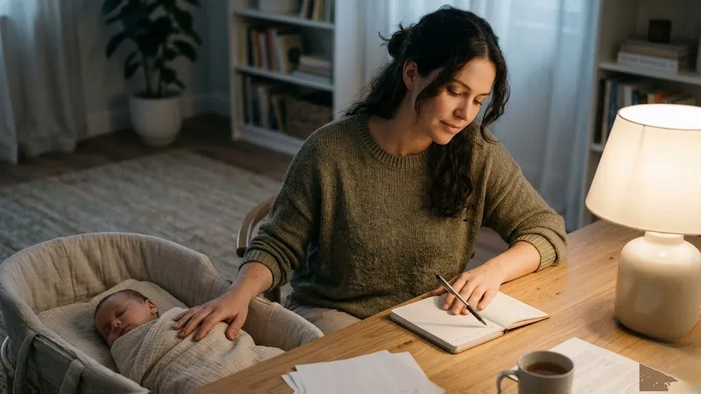 A person sitting in a warm, peaceful room with soft natural light, a sense of calm reflection, representing the themes of "The ROI of Perinatal Mental Health Support: A Framework for Benefits Teams".