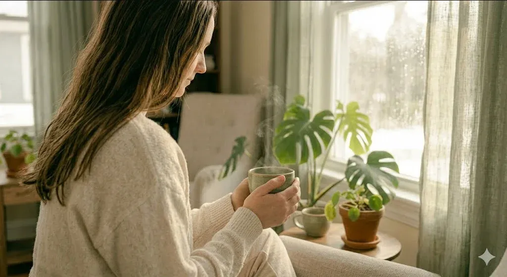 A woman sitting by a rain-streaked window with a warm cup of tea, looking inward, soft and contemplative, evoking the themes of "Medication for Prenatal Depression: Safety, Options, and What to Ask".